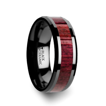 MORADO Purple Heart Wood Inlaid Black Ceramic Ring with Beveled Edges - 8mm ~ (H65-553) MORADO Purple Heart Wood Inlaid Black Ceramic Ring with Beveled Edges - 8mm ~ (H65-553)