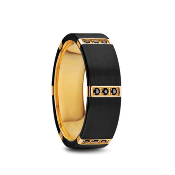 MURAMASA Flat Brushed Black Titanium Ring with Gold Plated Inside and 6 Gold Plated Stainless Steel Bezels with Triple Black Diamond Setting - 8mm ~ (H65-583)
