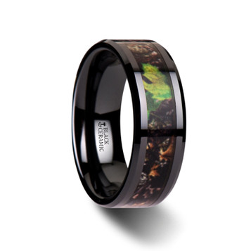 NIGHTFALL Realistic Tree Camo Black Ceramic Wedding Band with Green Leaves - 8mm ~ (H65-603)