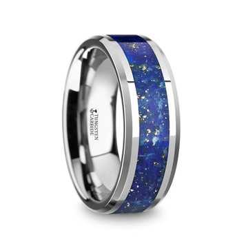 OSIAS Mens Polished Tungsten Wedding Band with Blue Lapis Inlay & Beveled Edges - 8mm ~ (H65-671) OSIAS Mens Polished Tungsten Wedding Band with Blue Lapis Inlay & Beveled Edges - 8mm ~ (H65-671)
