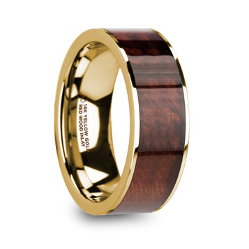PHOIBOS  Men's 14K Yellow Gold Flat Wedding Ring with Red Wood Inlay - 8mm ~ (H65-743) PHOIBOS  Men's 14K Yellow Gold Flat Wedding Ring with Red Wood Inlay - 8mm ~ (H65-743)
