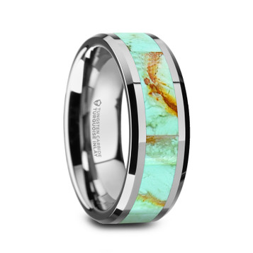 PIERRE Mens Polished Tungsten Wedding Band with Light Blue Turquoise Stone Inlay & Polished Beveled Edges - 8mm ~ (H65-748) PIERRE Mens Polished Tungsten Wedding Band with Light Blue Turquoise Stone Inlay & Polished Beveled Edges - 8mm ~ (H65-748)