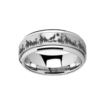 Spinning Engraved Mountain Wolf Moon Tungsten Carbide Spinner Wedding Band - 8mm ~ (H65-965) Spinning Engraved Mountain Wolf Moon Tungsten Carbide Spinner Wedding Band - 8mm ~ (H65-965)