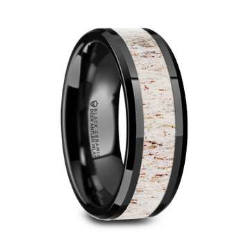STAG Black Ceramic Beveled Men's Wedding Band with Off White Antler Inlay - 8mm ~ (H65-978)