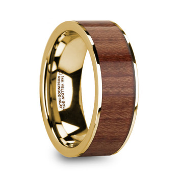 TELAMON Polished 14K Yellow Gold  Men's Flat Wedding Ring with Rosewood Inlay - 8mm ~ (J65-171)