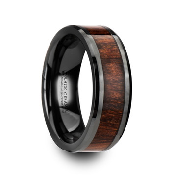 THRACIAN Carpathian Wood Inlaid Black Ceramic Ring with Bevels - 8mm ~ (J65-188) THRACIAN Carpathian Wood Inlaid Black Ceramic Ring with Bevels - 8mm ~ (J65-188)