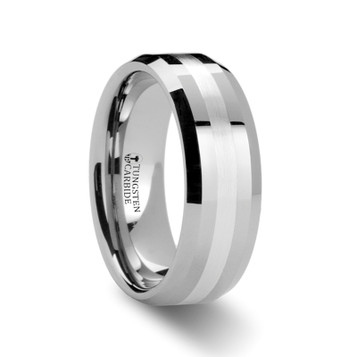 VECTOR Beveled Tungsten Carbide Ring with Silver Inlay - 6mm & 8mm VECTOR Beveled Tungsten Carbide Ring with Silver Inlay - 6mm & 8mm