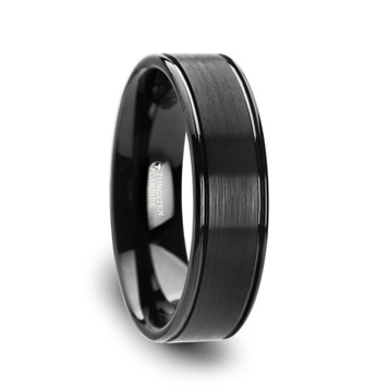 TURNER Flat Brushed Finish Center Black Tungsten Carbide Wedding Band with Dual Offset Grooves and Polished Edges - 6mm & 8mm TURNER Flat Brushed Finish Center Black Tungsten Carbide Wedding Band with Dual Offset Grooves and Polished Edges - 6mm & 8mm