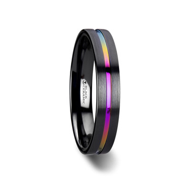 AZURE Flat Black Ceramic Ring Brushed with Rainbow Groove - 4mm - 8mm AZURE Flat Black Ceramic Ring Brushed with Rainbow Groove - 4mm - 8mm