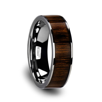 BOKKEN Flat Tungsten Wedding Band with Black Walnut Wood Inlay & Polished Edges - 6mm - 10mm BOKKEN Flat Tungsten Wedding Band with Black Walnut Wood Inlay & Polished Edges - 6mm - 10mm