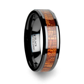 GABON Black Ceramic Band with Polished Bevels and Exotic Mahogany Hard Wood Inlay - 4 mm - 10 mm GABON Black Ceramic Band with Polished Bevels and Exotic Mahogany Hard Wood Inlay - 4 mm - 10 mm