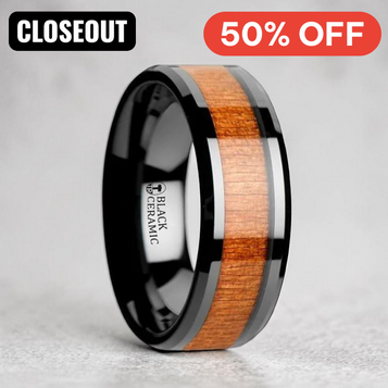 IOWA Black Ceramic Wedding Ring with Polished Bevels and Black Cherry Wood Inlay - 6 mm - 10 mm