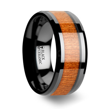 IOWA Black Ceramic Wedding Ring with Polished Bevels and Black Cherry Wood Inlay - 6 mm - 10 mm IOWA Black Ceramic Wedding Ring with Polished Bevels and Black Cherry Wood Inlay - 6 mm - 10 mm