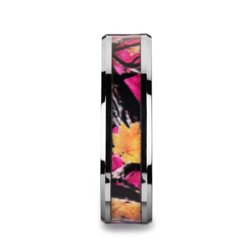 JULIET Realistic Tree Camo Tungsten Carbide Wedding Band with Real Pink Oak Leaves - 6mm & 8mm