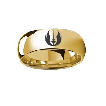 Polished Gold Plated Tungsten Domed Jedi Order Symbol Star Wars Engraved Ring - 6mm & 8mm