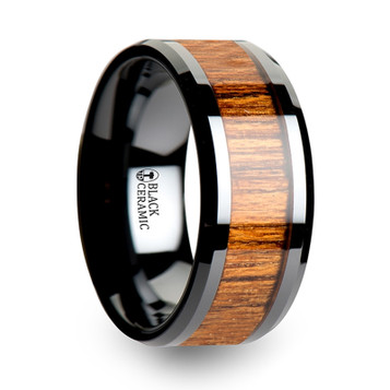 SAGON Wood Black Ceramic Ring with Polished Bevels and Teak Wood Inlay - 6mm - 10mm SAGON Wood Black Ceramic Ring with Polished Bevels and Teak Wood Inlay - 6mm - 10mm