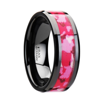SIERRA Black Ceramic Ring with Pink and White Camouflage Inlay - 6mm & 8mm SIERRA Black Ceramic Ring with Pink and White Camouflage Inlay - 6mm & 8mm