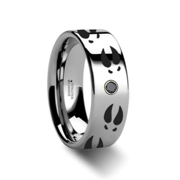 Tungsten Deer Print Animal Track Black Diamond Wedding Ring - Flat Comfort Fit - 6mm 8mm