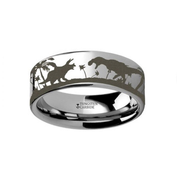 Dinosaurs Tungsten Prehistoric Dinosaur Jurassic Themed Portrait Wedding Ring - Flat Comfort Fit - 4mm 6mm 8mm 10mm 12mm