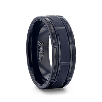 WYNN Black Titanium Alternating Grooved Horizontal Etched Finish Wedding Ring - Beveled Polished Comfort Fit - 8mm WYNN Black Titanium Alternating Grooved Horizontal Etched Finish Wedding Ring - Beveled Polished Comfort Fit - 8mm
