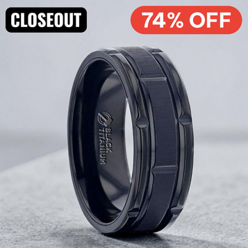 WYNN Black Titanium Alternating Grooved Horizontal Etched Finish Wedding Ring - Beveled Polished Comfort Fit - 8mm