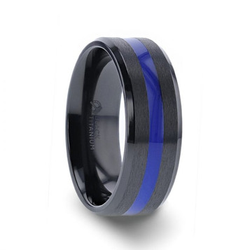 JACKSEN Black Titanium Blue Stripe Inlaid Brushed Finish Center Polished Beveled Edges Wedding Ring - Beveled Comfort Fit - 8mm JACKSEN Black Titanium Blue Stripe Inlaid Brushed Finish Center Polished Beveled Edges Wedding Ring - Beveled Comfort Fit - 8mm