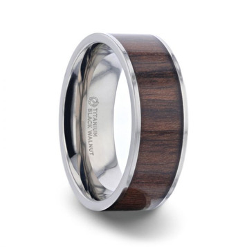 LOGAN Titanium Black Walnut Wood Inlaid Wedding Ring - Flat Polished Comfort Fit - 8mm LOGAN Titanium Black Walnut Wood Inlaid Wedding Ring - Flat Polished Comfort Fit - 8mm