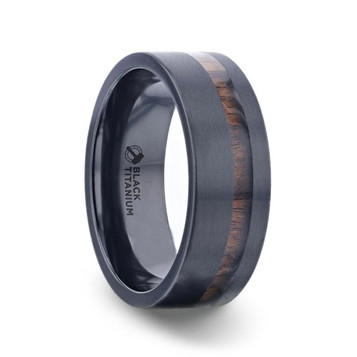 DARING Titanium Off-Set Koa Wood Inlaid Black Wedding Ring - Flat Polished Comfort Fit - 8mm DARING Titanium Off-Set Koa Wood Inlaid Black Wedding Ring - Flat Polished Comfort Fit - 8mm
