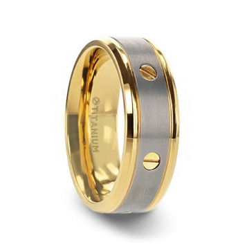 BOUNDLESS Titanium Gold-Plated Rotating Screw Design Beveled Polished Edges Wedding Ring - Flat Brushed Comfort Fit - 8mm BOUNDLESS Titanium Gold-Plated Rotating Screw Design Beveled Polished Edges Wedding Ring - Flat Brushed Comfort Fit - 8mm