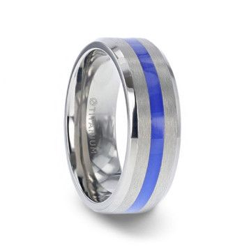 BARRY Titanium Blue Stripe Inlaid Beveled Polished Edges Wedding Ring - Flat Brushed Comfort Fit - 8mm BARRY Titanium Blue Stripe Inlaid Beveled Polished Edges Wedding Ring - Flat Brushed Comfort Fit - 8mm
