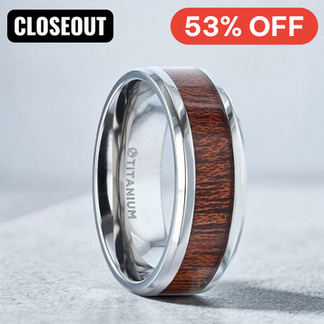 MELIA Titanium Mahogany Wood Inlaid Flat Wedding Ring - Polished Beveled Comfort Fit - 8mm