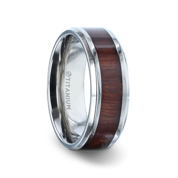 SEQUIOA Titanium Red Wood Inlaid Flat Wedding Ring - Polished Beveled Comfort Fit - 8mm SEQUIOA Titanium Red Wood Inlaid Flat Wedding Ring - Polished Beveled Comfort Fit - 8mm