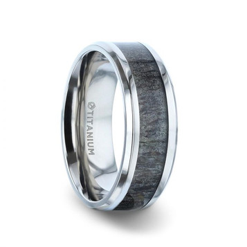 MELANISTIC Titanium Dark Deer Antler Inlaid Flat Wedding Ring - Polished Beveled Comfort Fit - 8mm MELANISTIC Titanium Dark Deer Antler Inlaid Flat Wedding Ring - Polished Beveled Comfort Fit - 8mm