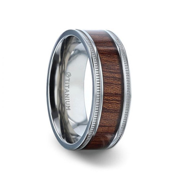 MOCHA Titanium Koa Wood Inlaid Milgrain Edges Wedding Ring - Polished Comfort Fit - 8mm MOCHA Titanium Koa Wood Inlaid Milgrain Edges Wedding Ring - Polished Comfort Fit - 8mm