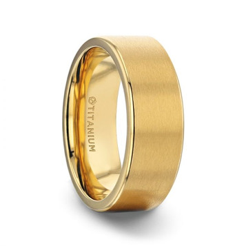 AURELIANO Titanium Yellow Gold Plating Flat Brushed Finish Center Wedding Ring - Polished Edges Comfort Fit - 8mm AURELIANO Titanium Yellow Gold Plating Flat Brushed Finish Center Wedding Ring - Polished Edges Comfort Fit - 8mm