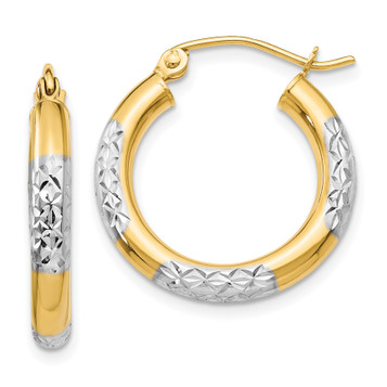 Gold Hoop Earrings 14K & Rhodium Diamond-cut Hoop Earrings 3mm Thickness