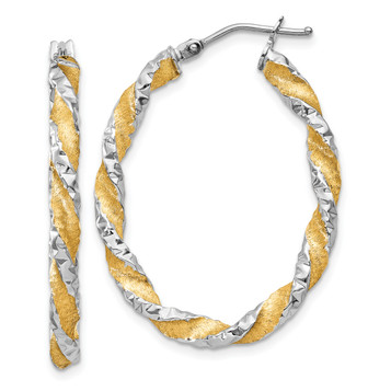 Gold Hoop Earrings 14k White Gold & Yellow Rhodium Twisted D/C Oval Hoop Earrings 3mm Thickness