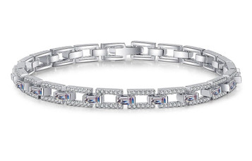 Baguette Accent Square Links 6"-7" Bracelet GRA Lab Certified Moissanite Diamond D/VVS1 Sterling Silver