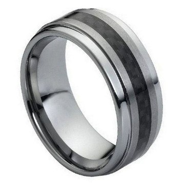 Tungsten-Ring-Black-Carbon-Fiber-Center-Inlay-9mm-Wide-with-Stepdown-Polished-Edges-Wedding-Band-Full-View Tungsten-Ring-Black-Carbon-Fiber-Center-Inlay-9mm-Wide-with-Stepdown-Polished-Edges-Wedding-Band-Full-View