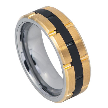 Tungsten-Ring-with-Gold-Top-Black-Center-and-Vertical-Grooves-8mm-Wedding-Band-Full-View-1 Tungsten-Ring-with-Gold-Top-Black-Center-and-Vertical-Grooves-8mm-Wedding-Band-Full-View-1