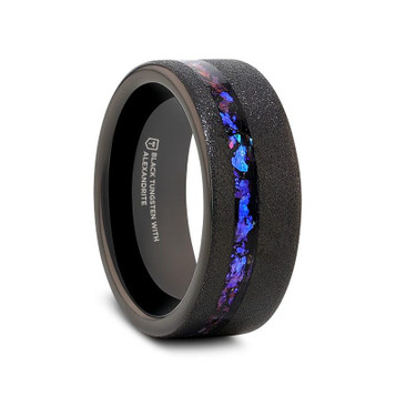 MIRAGE Sandblasted Black Tungsten Ring With Crushed Alexandrite And Dark Blue & Purple Crushed Goldstone - 8mm MIRAGE Sandblasted Black Tungsten Ring With Crushed Alexandrite And Dark Blue & Purple Crushed Goldstone - 8mm