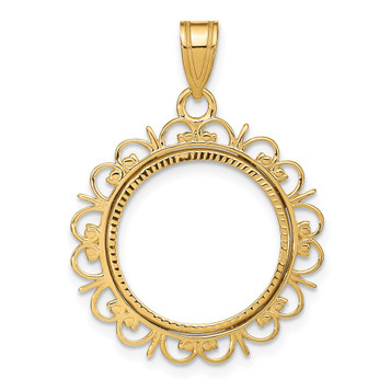 Wideband Distinguished Gold Coin Bezel Pendant Mounting - 16.5 - 32.7Coin Size in mm - 10K Yellow Gold - Polished Diamond-cut Fancy - Prong Set with Bail