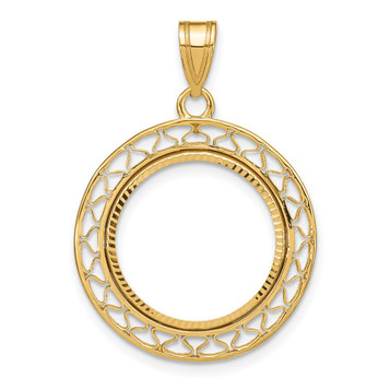 Wideband Distinguished Gold Coin Bezel Pendant Mounting - 16.5mm - 32.7mm Coin Size in mm - 14K Yellow Gold - Polished and Diamond-cut Fancy Wire - Prong Set with Bail