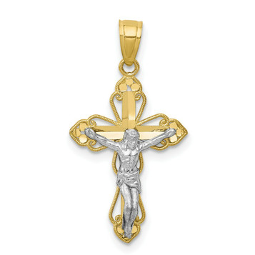 10K Yellow Gold & Rhodium Filigree Crucifix Pendant - (A81-769)