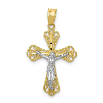 10K Yellow Gold & Rhodium Filigree Crucifix Pendant - (A81-800)