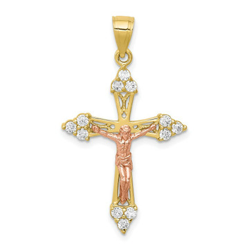 10K Two-tone Gold CZ Crucifix Pendant - (A81-803)