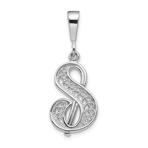 14K White Gold Solid Polished Filigree Initial Letter S Pendant