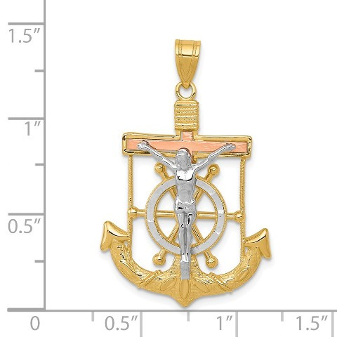 14K Tri-Color Gold Diamond-cut Textured Mariner's Cross Pendant