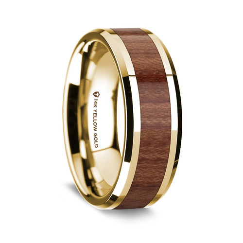 14K Yellow Gold Polished Beveled Edges Wedding Ring with Rosewood