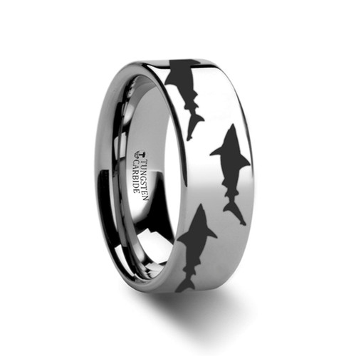Shark Predator Fish Sea Print Pattern Ring Engraved Flat Black